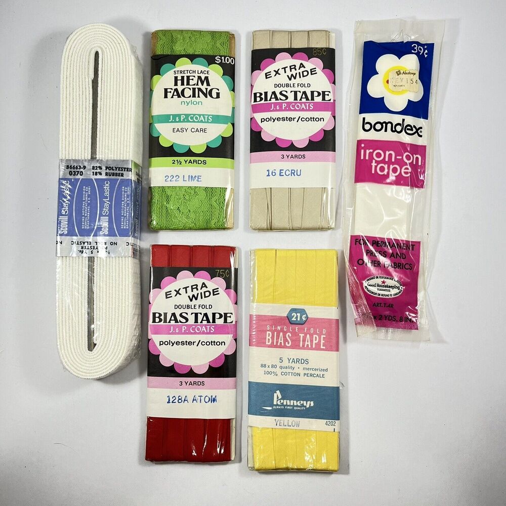 Vintage Craft Lot of 6, Bias Tape Elastic Stretch Lace Hem Facing J. & P. Coats